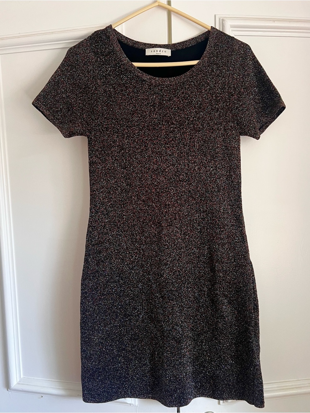 Sandro Chocolate and Silver Sparkle Short Sleeve Dress